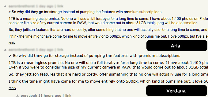 Hacker News comments in Arial and Verdana